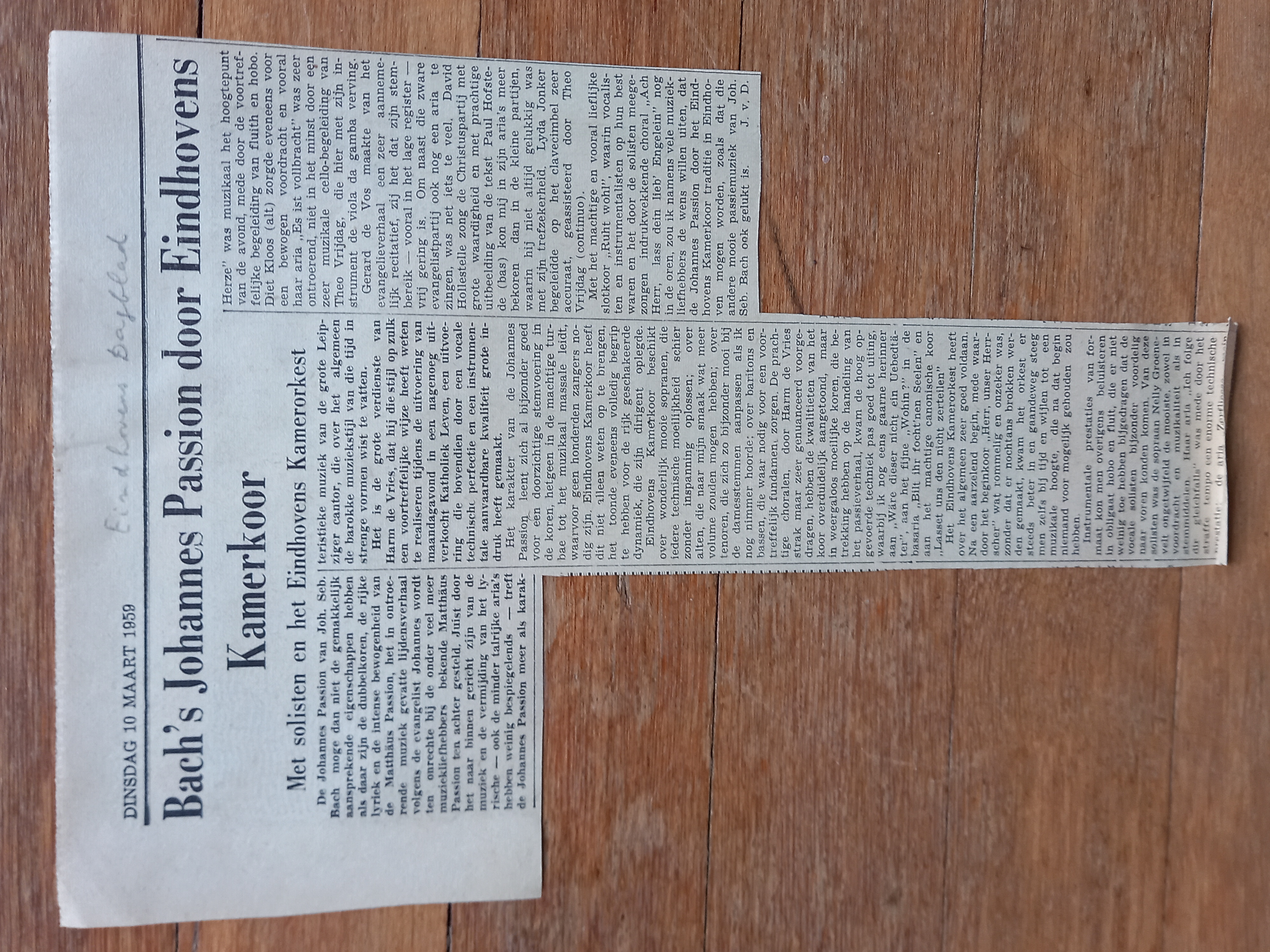 Eindhovens Dagblad – 10 maart 1959 – Bach's Johannes Passion door Eindhovens Kamerkoor